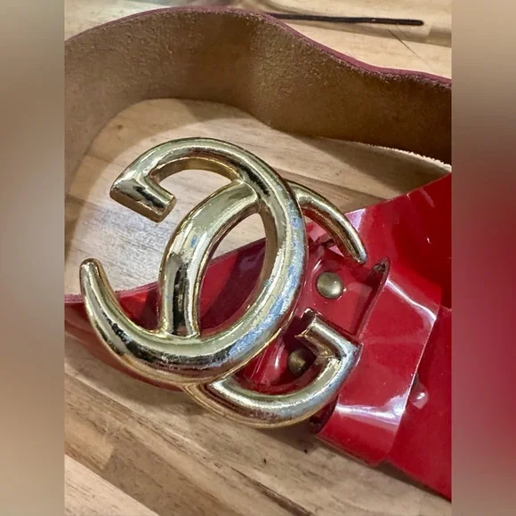 Vintage 1970s GUCCI RED PATENT Leather GG Buckle Wide Belt AS-IS 27-33” waist Authentic GUCCI Red Patent Leather Black Interlocking G  main image 3